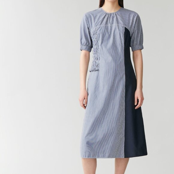 COS | 100% Cotton Smocked Navy Pinstripe Short Sleeve Two Tone Dress | Size 12 - Picture 1 of 8
